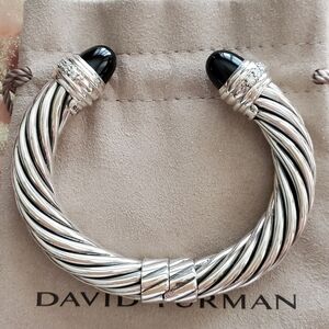 David Yurman 10MM Silver Cable Bracelet with Black Onyx and Diamonds